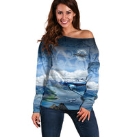 New Zealand Wanaka Air Show Off Shoulder Sweater With Maori Pattern LT05 Women Blue - Polynesian Pride