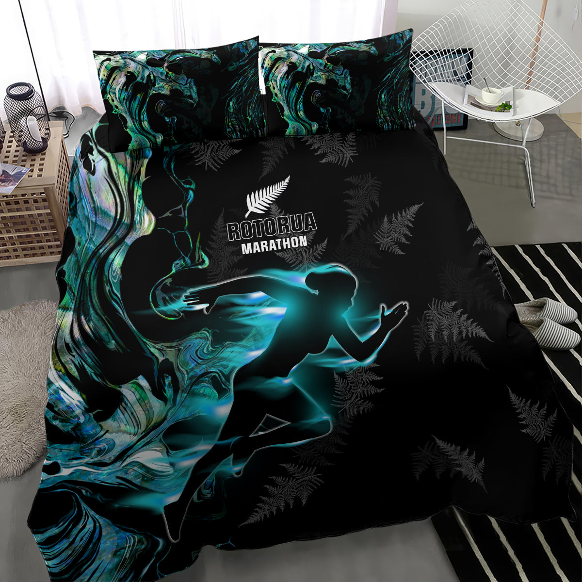 New Zealand Marathon Bedding Set Silver Fern Paua Shell Simple Style