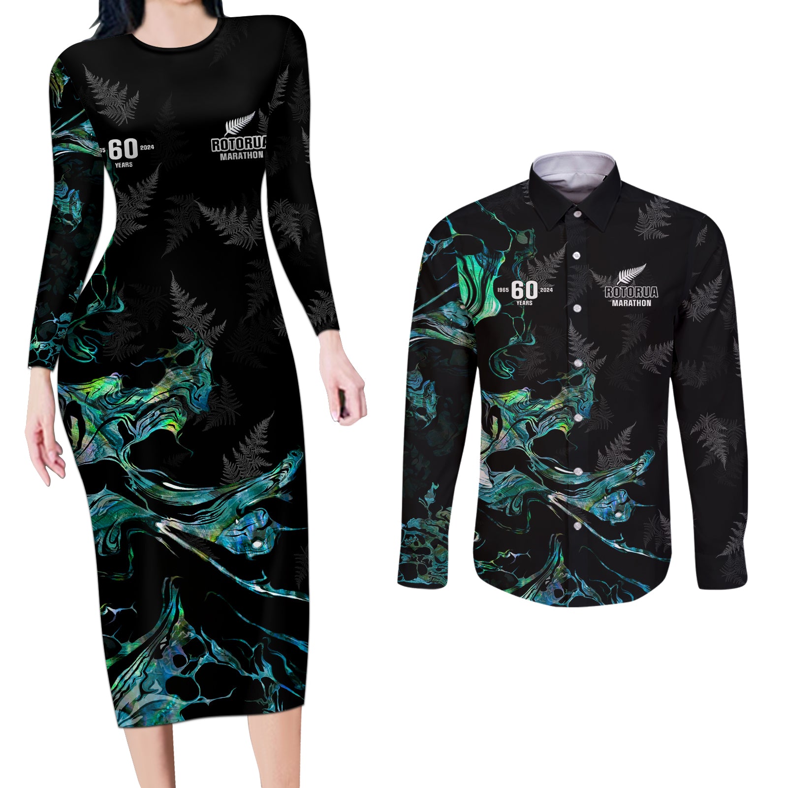 New Zealand Marathon Couples Matching Long Sleeve Bodycon Dress and Long Sleeve Button Shirt Silver Fern Paua Shell Simple Style