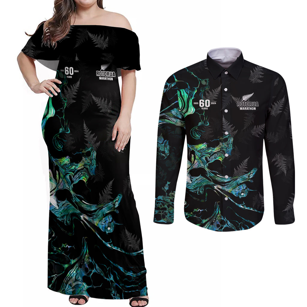 New Zealand Marathon Couples Matching Off Shoulder Maxi Dress and Long Sleeve Button Shirt Silver Fern Paua Shell Simple Style