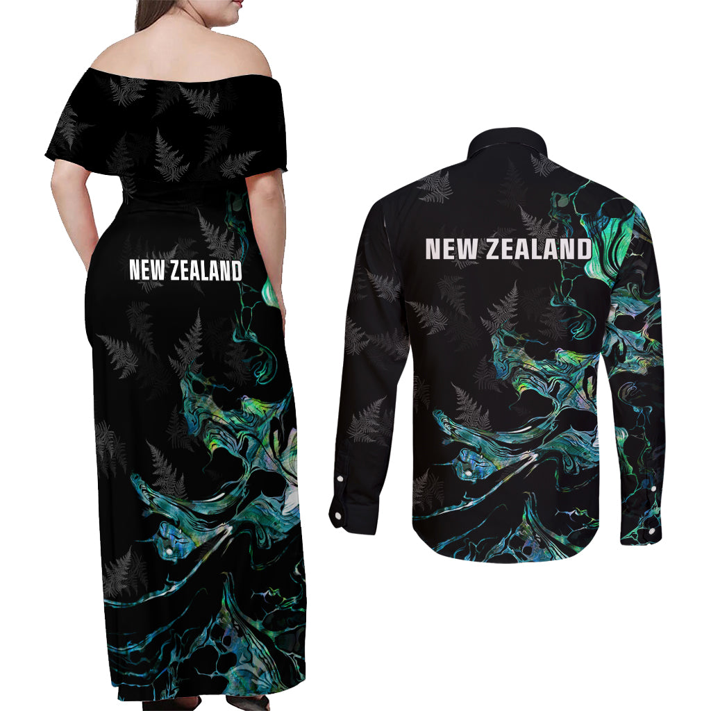 New Zealand Marathon Couples Matching Off Shoulder Maxi Dress and Long Sleeve Button Shirt Silver Fern Paua Shell Simple Style