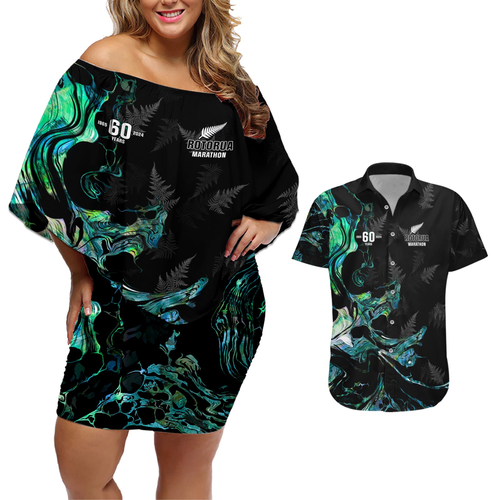 New Zealand Marathon Couples Matching Off Shoulder Short Dress and Hawaiian Shirt Silver Fern Paua Shell Simple Style