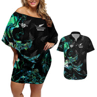 New Zealand Marathon Couples Matching Off Shoulder Short Dress and Hawaiian Shirt Silver Fern Paua Shell Simple Style