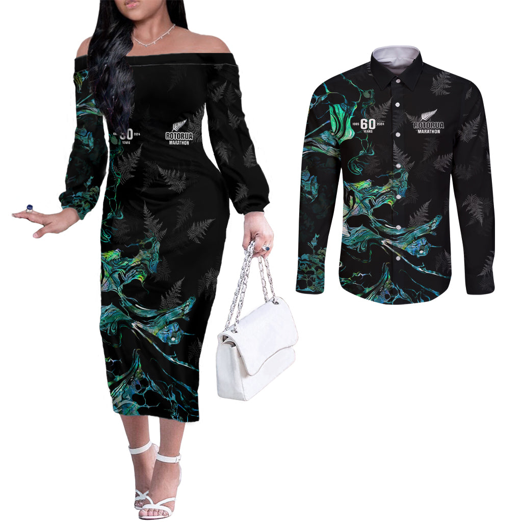 New Zealand Marathon Couples Matching Off The Shoulder Long Sleeve Dress and Long Sleeve Button Shirt Silver Fern Paua Shell Simple Style