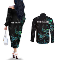 New Zealand Marathon Couples Matching Off The Shoulder Long Sleeve Dress and Long Sleeve Button Shirt Silver Fern Paua Shell Simple Style
