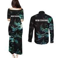 New Zealand Marathon Couples Matching Puletasi and Long Sleeve Button Shirt Silver Fern Paua Shell Simple Style