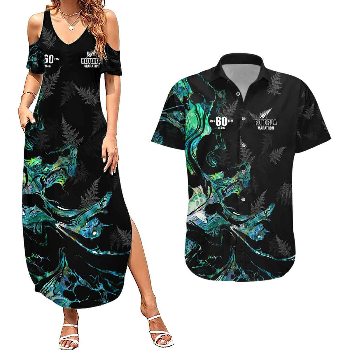 New Zealand Marathon Couples Matching Summer Maxi Dress and Hawaiian Shirt Silver Fern Paua Shell Simple Style