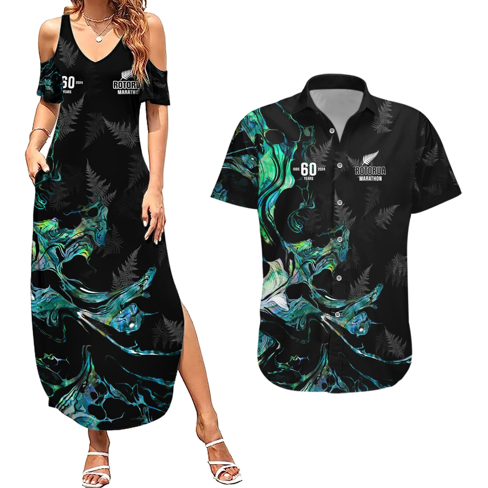 New Zealand Marathon Couples Matching Summer Maxi Dress and Hawaiian Shirt Silver Fern Paua Shell Simple Style