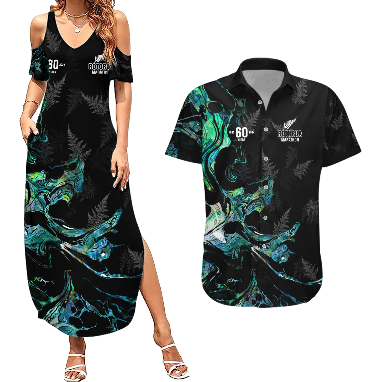 New Zealand Marathon Couples Matching Summer Maxi Dress and Hawaiian Shirt Silver Fern Paua Shell Simple Style