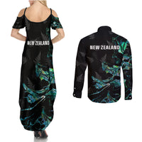 New Zealand Marathon Couples Matching Summer Maxi Dress and Long Sleeve Button Shirt Silver Fern Paua Shell Simple Style