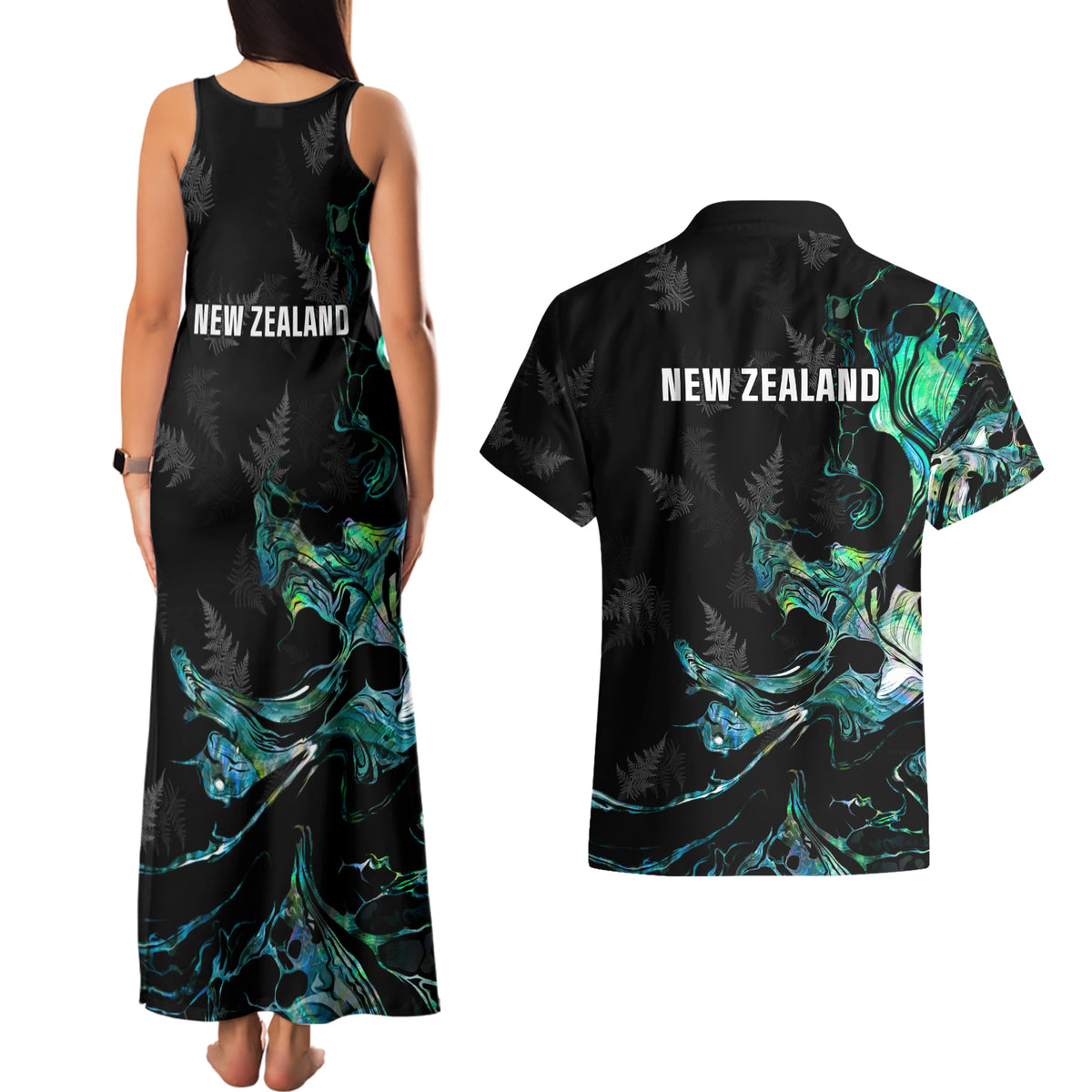 New Zealand Marathon Couples Matching Tank Maxi Dress and Hawaiian Shirt Silver Fern Paua Shell Simple Style