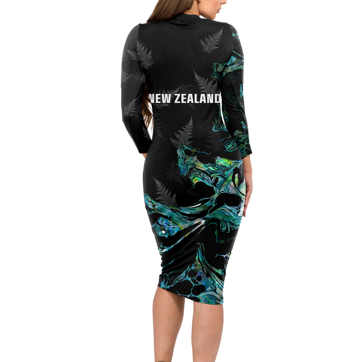 New Zealand Marathon Long Sleeve Bodycon Dress Silver Fern Paua Shell Simple Style