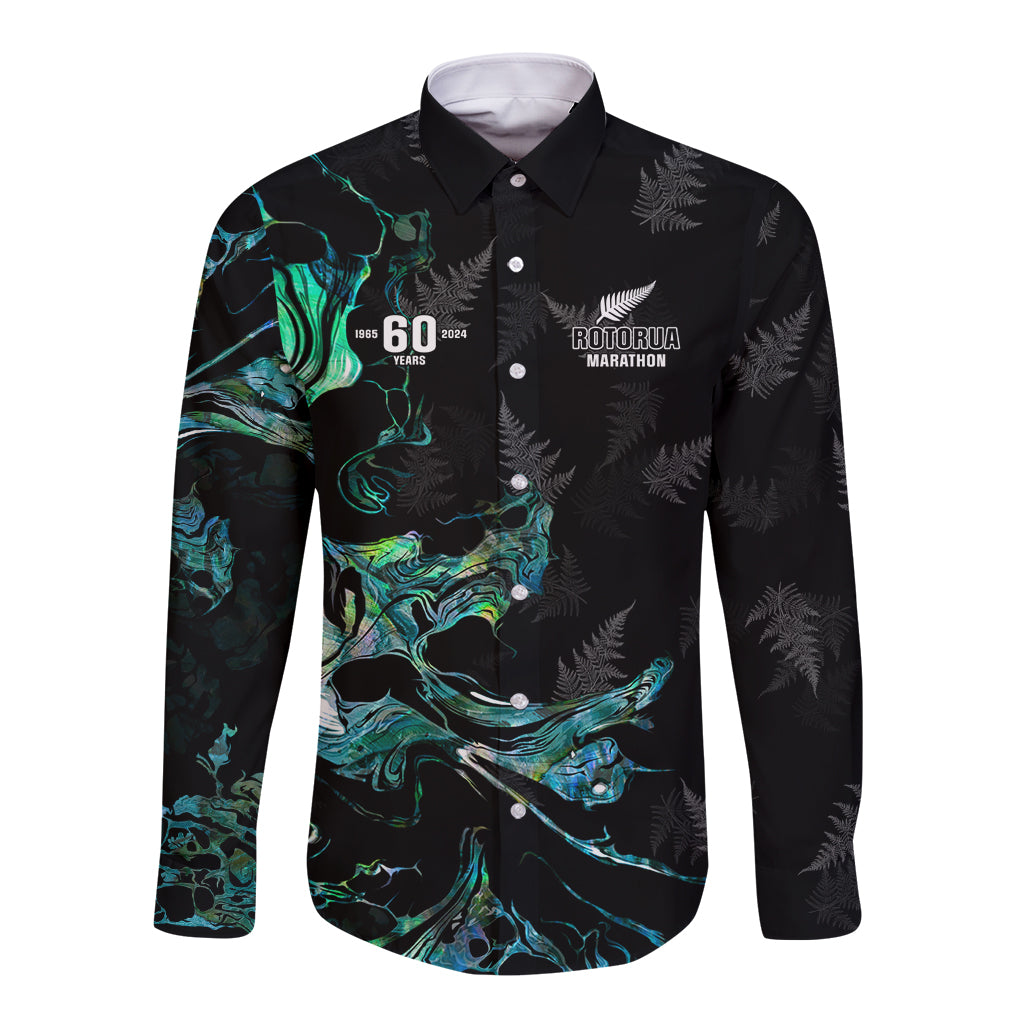 New Zealand Marathon Long Sleeve Button Shirt Silver Fern Paua Shell Simple Style