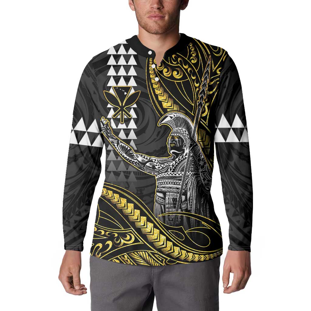 Hawaii King Kamehameha The Great Button Sweatshirt Gold Tribal Tattoo