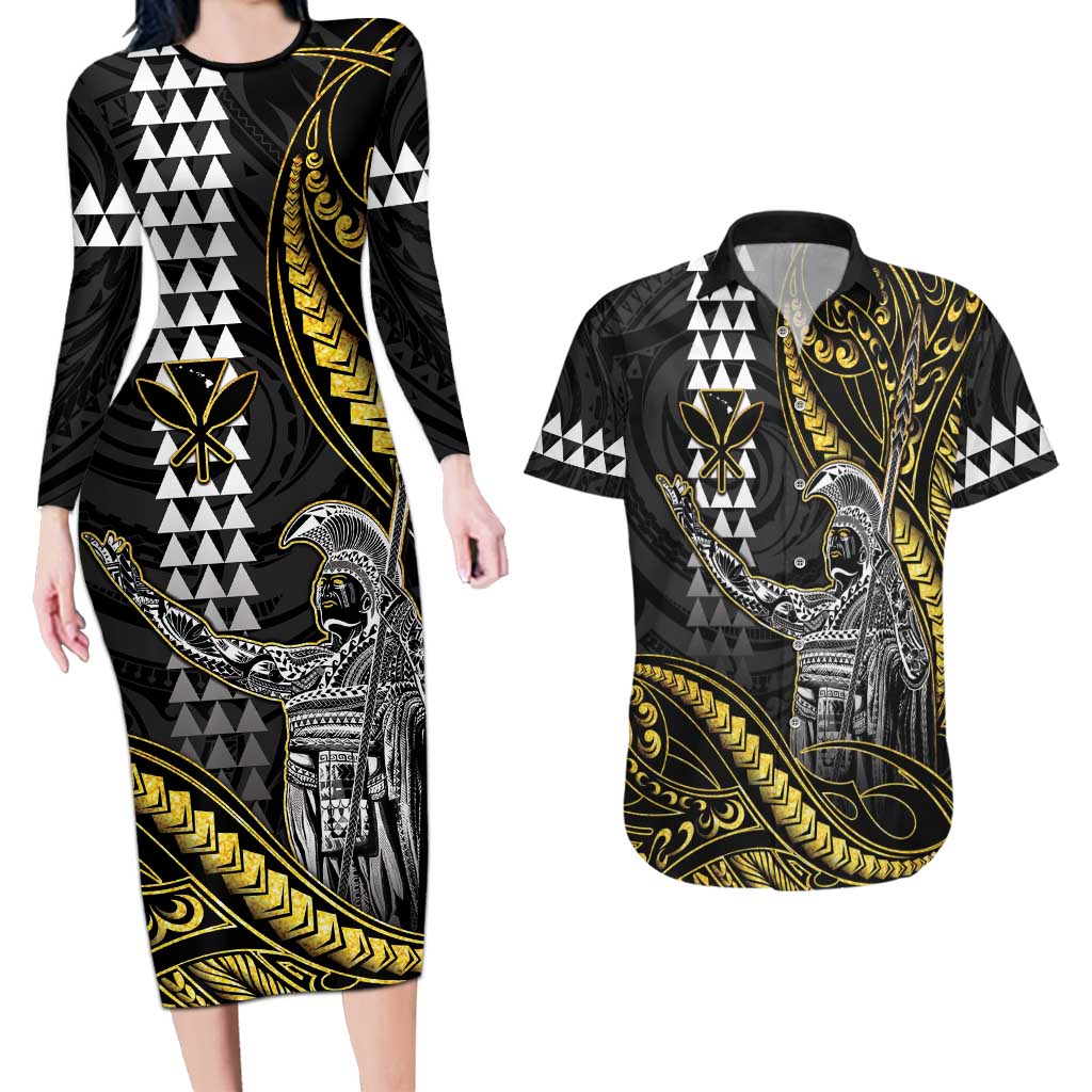 Hawaii King Kamehameha The Great Couples Matching Long Sleeve Bodycon Dress and Hawaiian Shirt Gold Tribal Tattoo