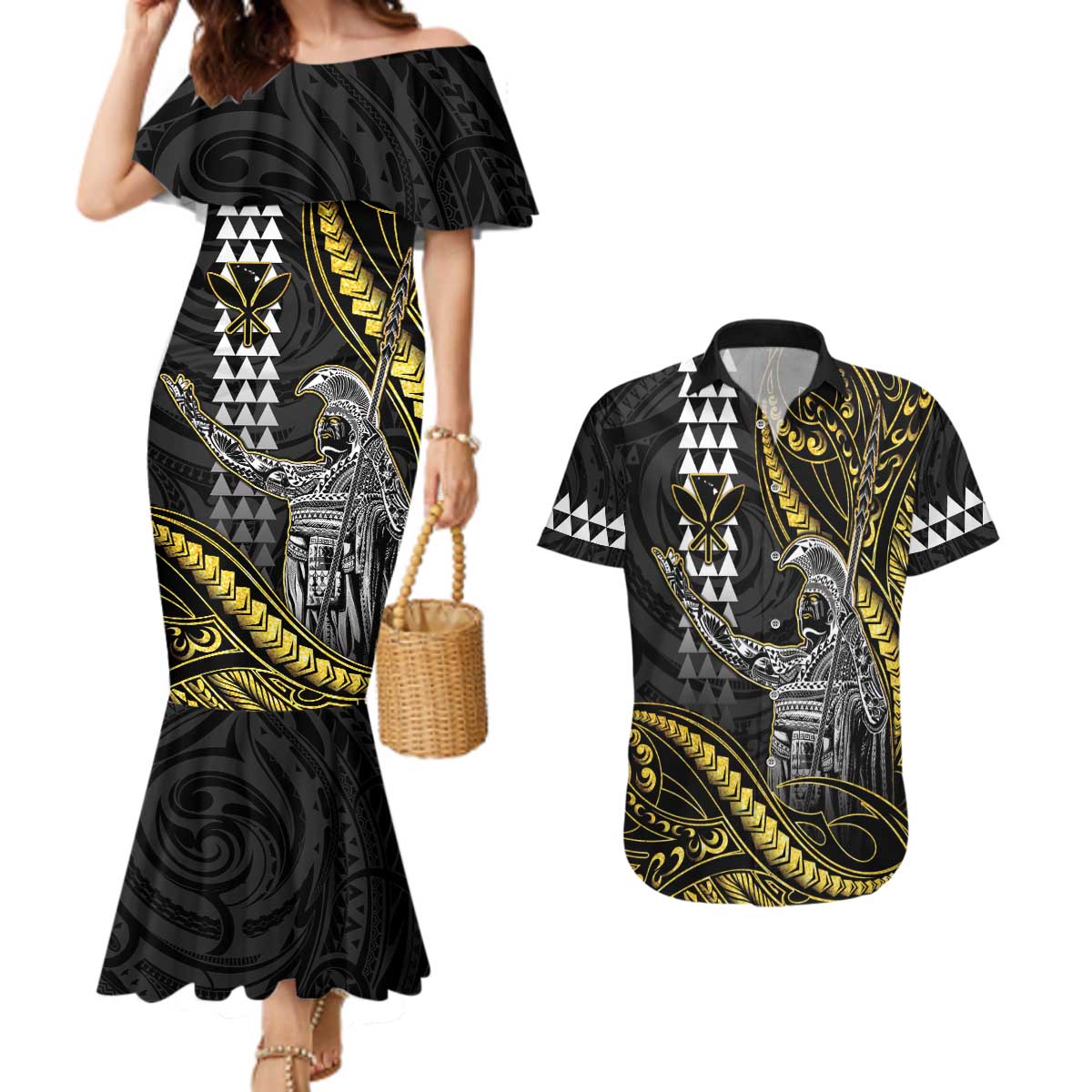 Hawaii King Kamehameha The Great Couples Matching Mermaid Dress and Hawaiian Shirt Gold Tribal Tattoo