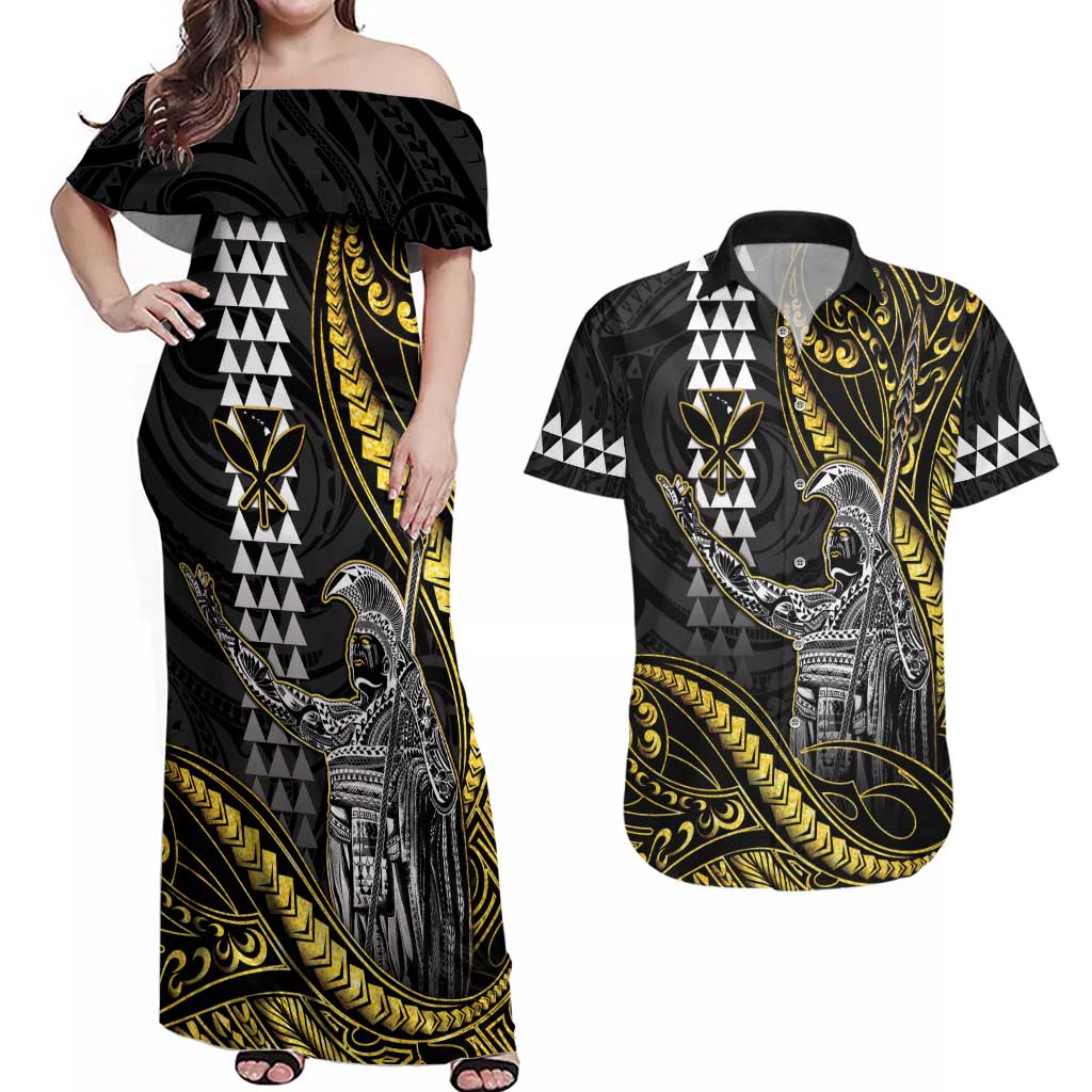 Hawaii King Kamehameha The Great Couples Matching Off Shoulder Maxi Dress and Hawaiian Shirt Gold Tribal Tattoo