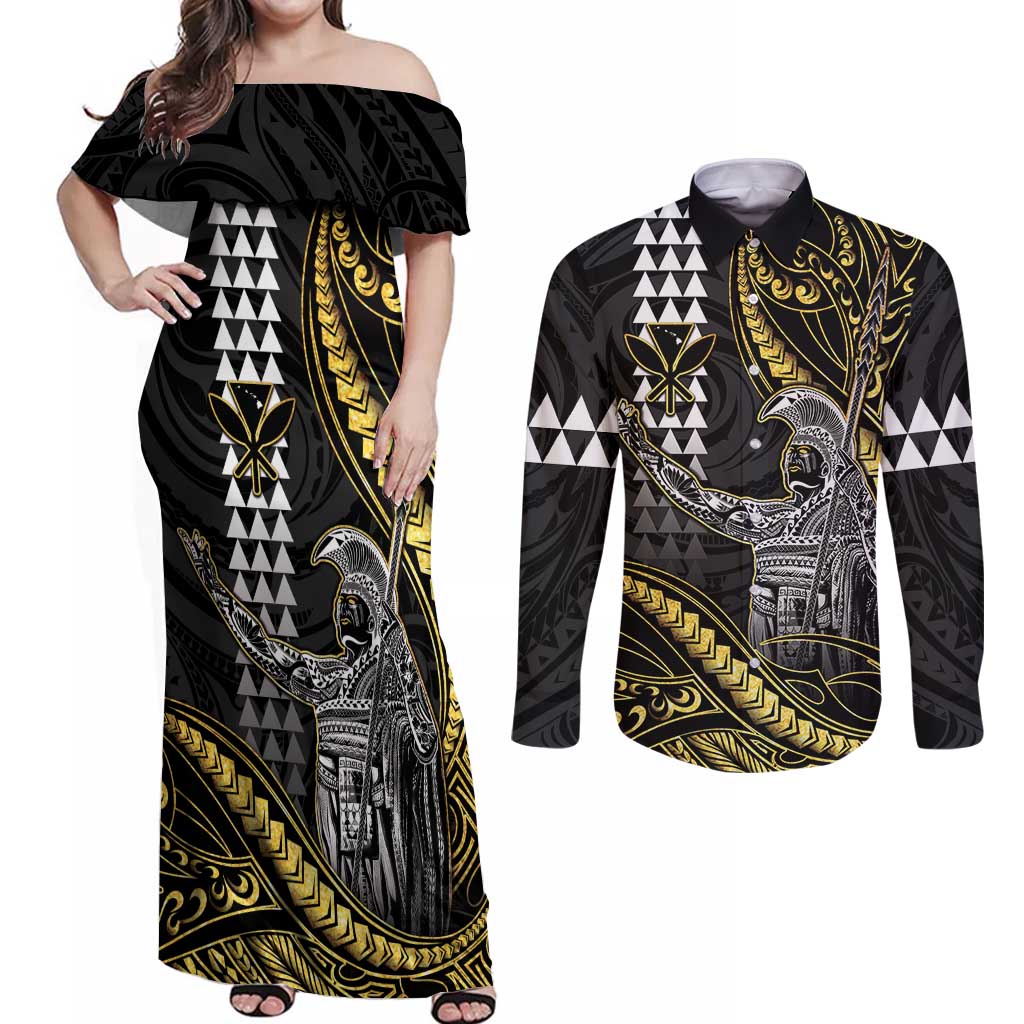 Hawaii King Kamehameha The Great Couples Matching Off Shoulder Maxi Dress and Long Sleeve Button Shirt Gold Tribal Tattoo
