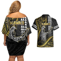 Hawaii King Kamehameha The Great Couples Matching Off Shoulder Short Dress and Hawaiian Shirt Gold Tribal Tattoo