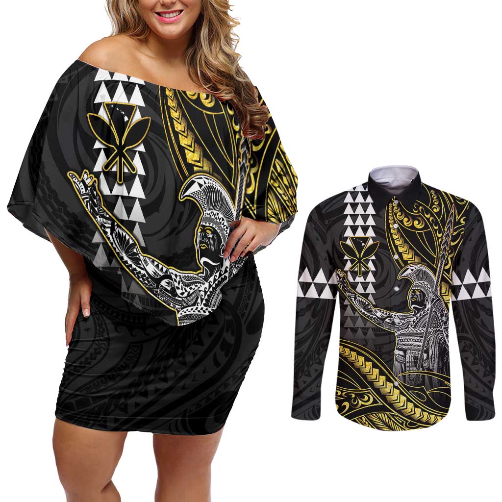 Hawaii King Kamehameha The Great Couples Matching Off Shoulder Short Dress and Long Sleeve Button Shirt Gold Tribal Tattoo