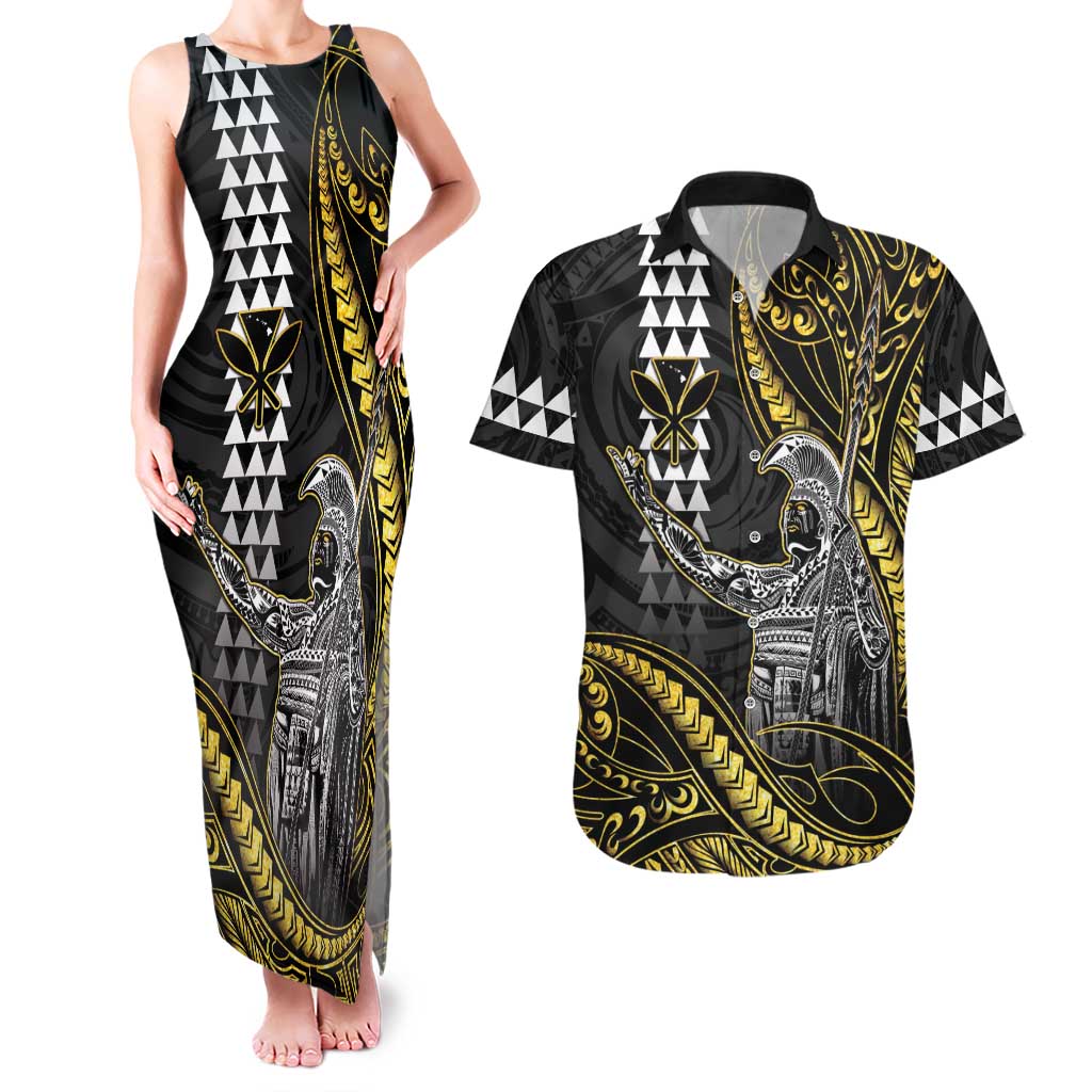Hawaii King Kamehameha The Great Couples Matching Tank Maxi Dress and Hawaiian Shirt Gold Tribal Tattoo