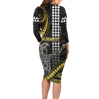 Hawaii King Kamehameha The Great Family Matching Long Sleeve Bodycon Dress and Hawaiian Shirt Gold Tribal Tattoo