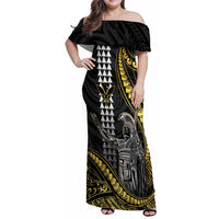 Hawaii King Kamehameha The Great Family Matching Off Shoulder Maxi Dress and Hawaiian Shirt Gold Tribal Tattoo