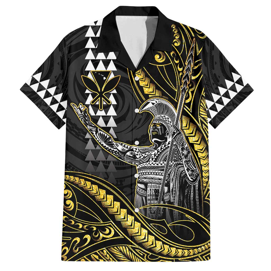 Hawaii King Kamehameha The Great Family Matching Off Shoulder Short Dress and Hawaiian Shirt Gold Tribal Tattoo