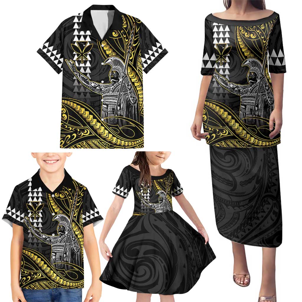Hawaii King Kamehameha The Great Family Matching Puletasi and Hawaiian Shirt Gold Tribal Tattoo