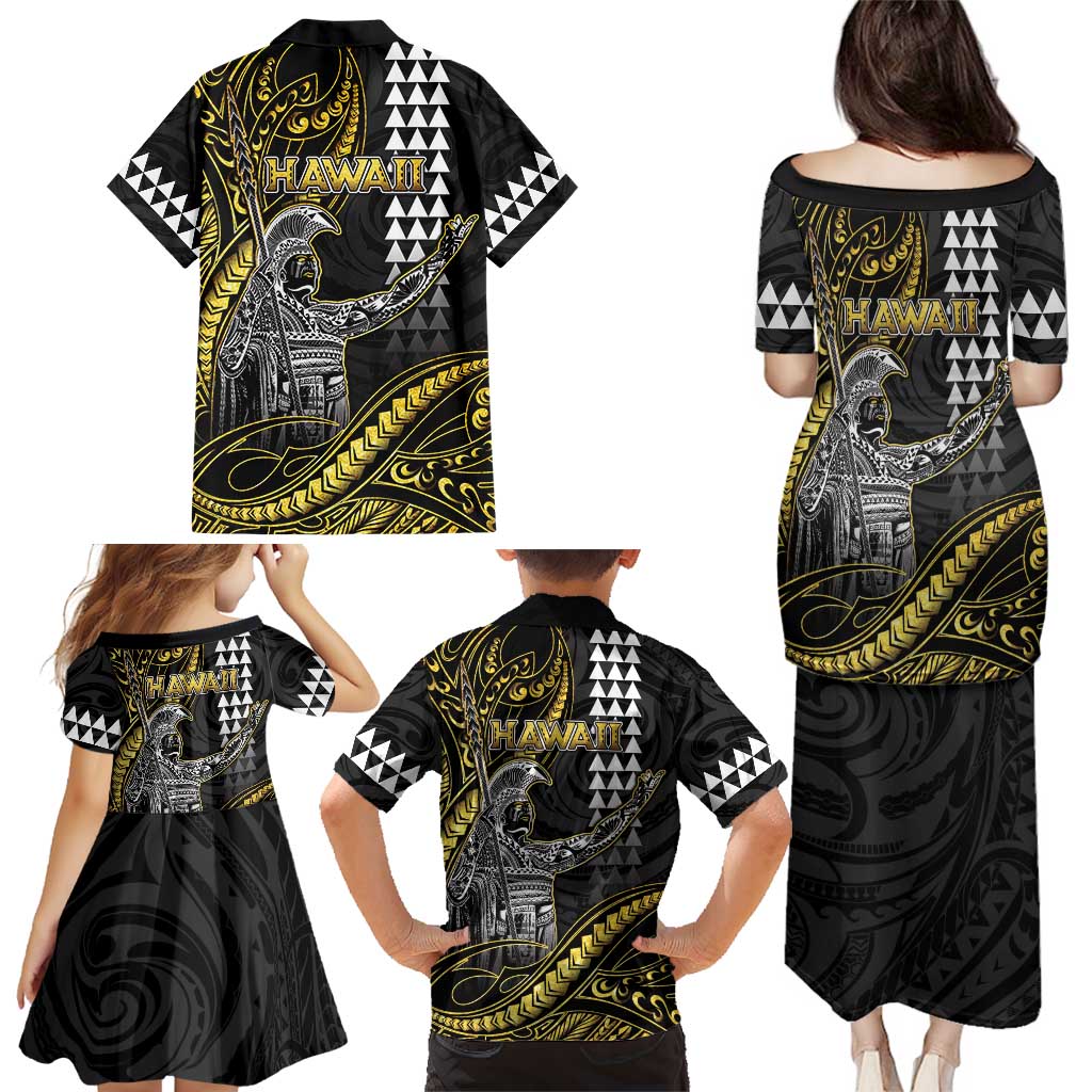 Hawaii King Kamehameha The Great Family Matching Puletasi and Hawaiian Shirt Gold Tribal Tattoo
