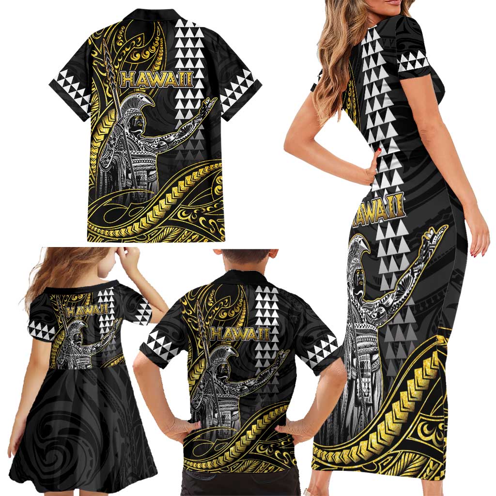 Hawaii King Kamehameha The Great Family Matching Short Sleeve Bodycon Dress and Hawaiian Shirt Gold Tribal Tattoo