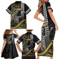 Hawaii King Kamehameha The Great Family Matching Short Sleeve Bodycon Dress and Hawaiian Shirt Gold Tribal Tattoo