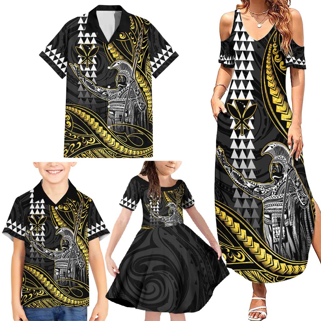 Hawaii King Kamehameha The Great Family Matching Summer Maxi Dress and Hawaiian Shirt Gold Tribal Tattoo
