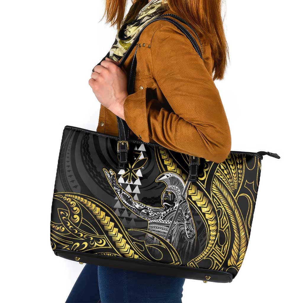 Hawaii King Kamehameha The Great Leather Tote Bag Gold Tribal Tattoo