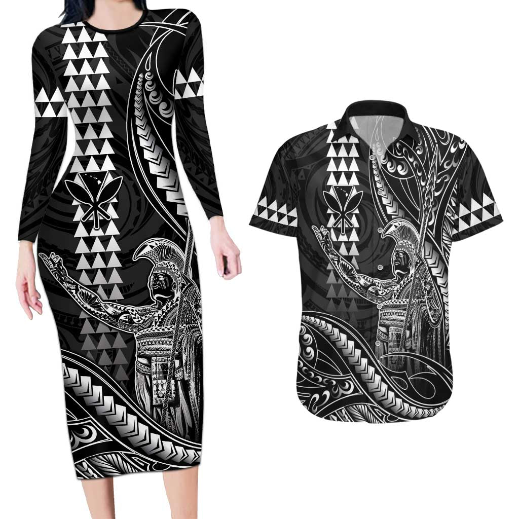 Hawaii King Kamehameha The Great Couples Matching Long Sleeve Bodycon Dress and Hawaiian Shirt Black Tribal Tattoo