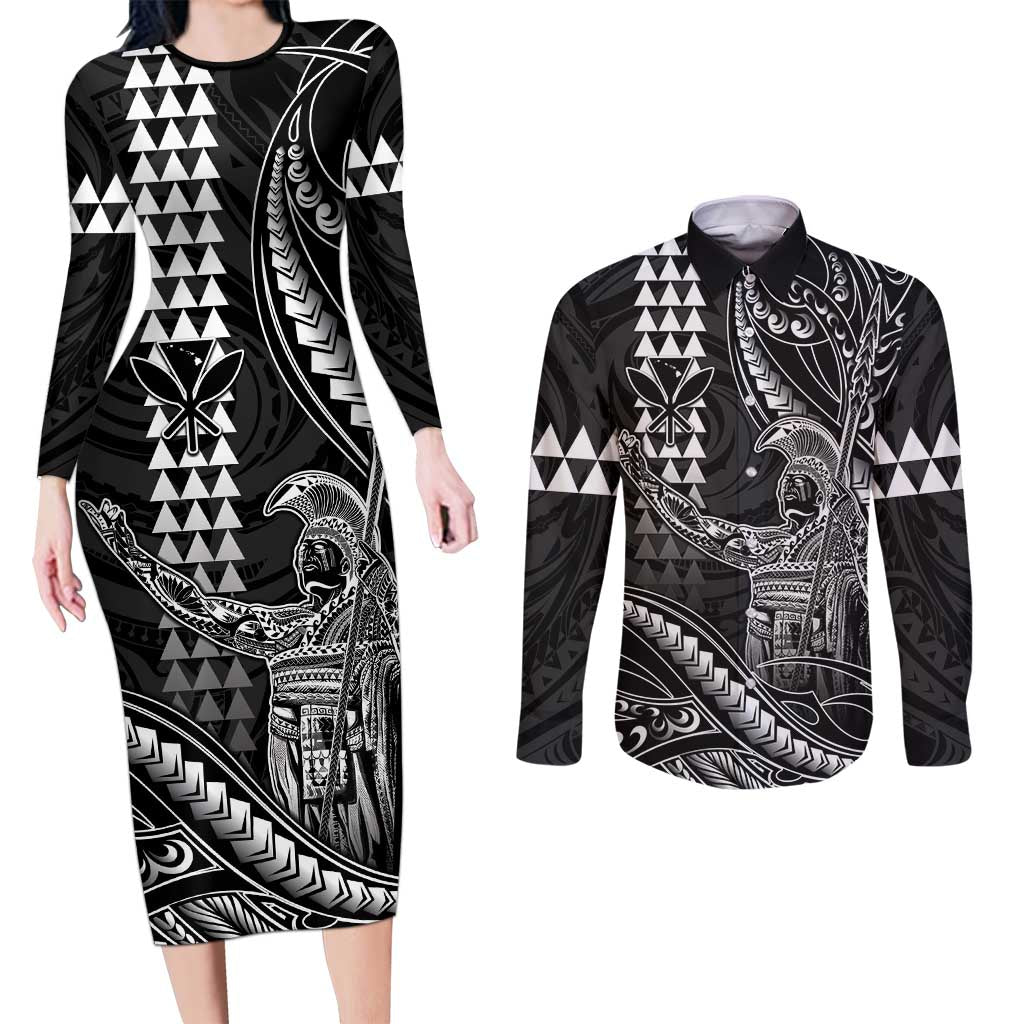 Hawaii King Kamehameha The Great Couples Matching Long Sleeve Bodycon Dress and Long Sleeve Button Shirt Black Tribal Tattoo