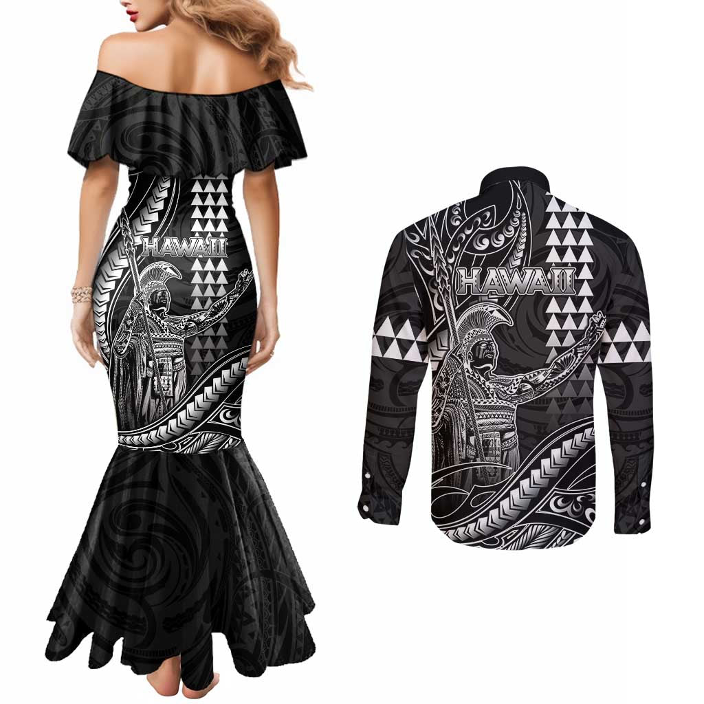 Hawaii King Kamehameha The Great Couples Matching Mermaid Dress and Long Sleeve Button Shirt Black Tribal Tattoo