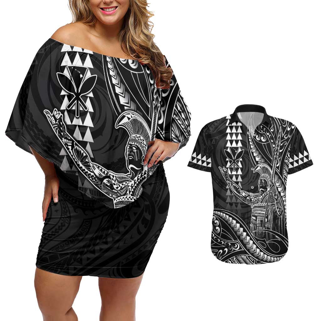 Hawaii King Kamehameha The Great Couples Matching Off Shoulder Short Dress and Hawaiian Shirt Black Tribal Tattoo