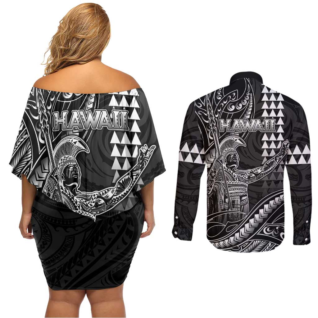 Hawaii King Kamehameha The Great Couples Matching Off Shoulder Short Dress and Long Sleeve Button Shirt Black Tribal Tattoo