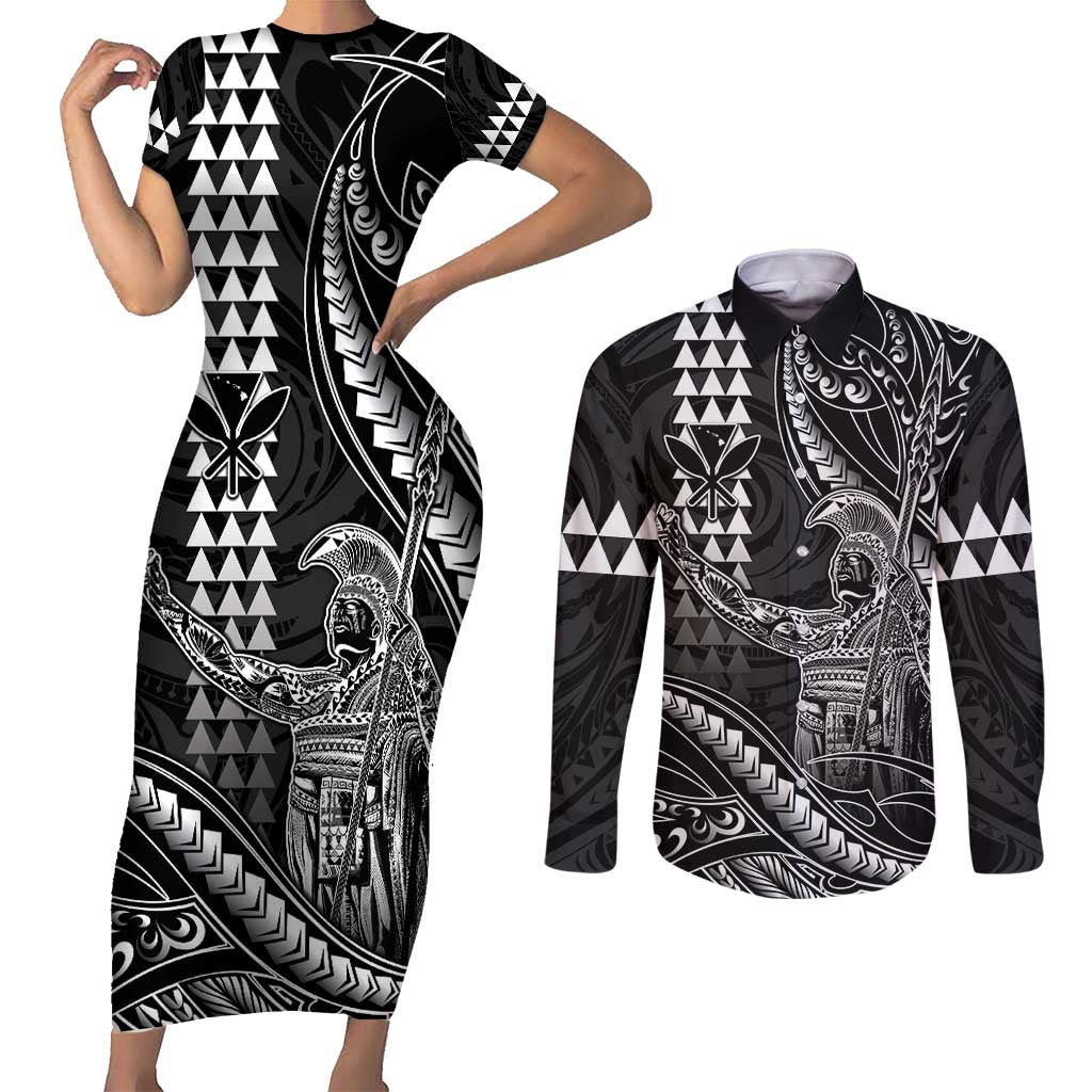 Hawaii King Kamehameha The Great Couples Matching Short Sleeve Bodycon Dress and Long Sleeve Button Shirt Black Tribal Tattoo