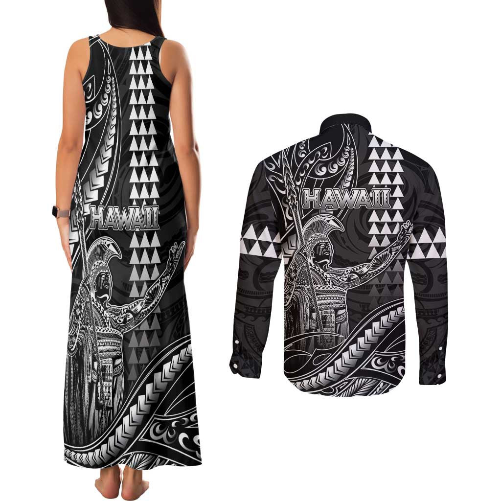 Hawaii King Kamehameha The Great Couples Matching Tank Maxi Dress and Long Sleeve Button Shirt Black Tribal Tattoo