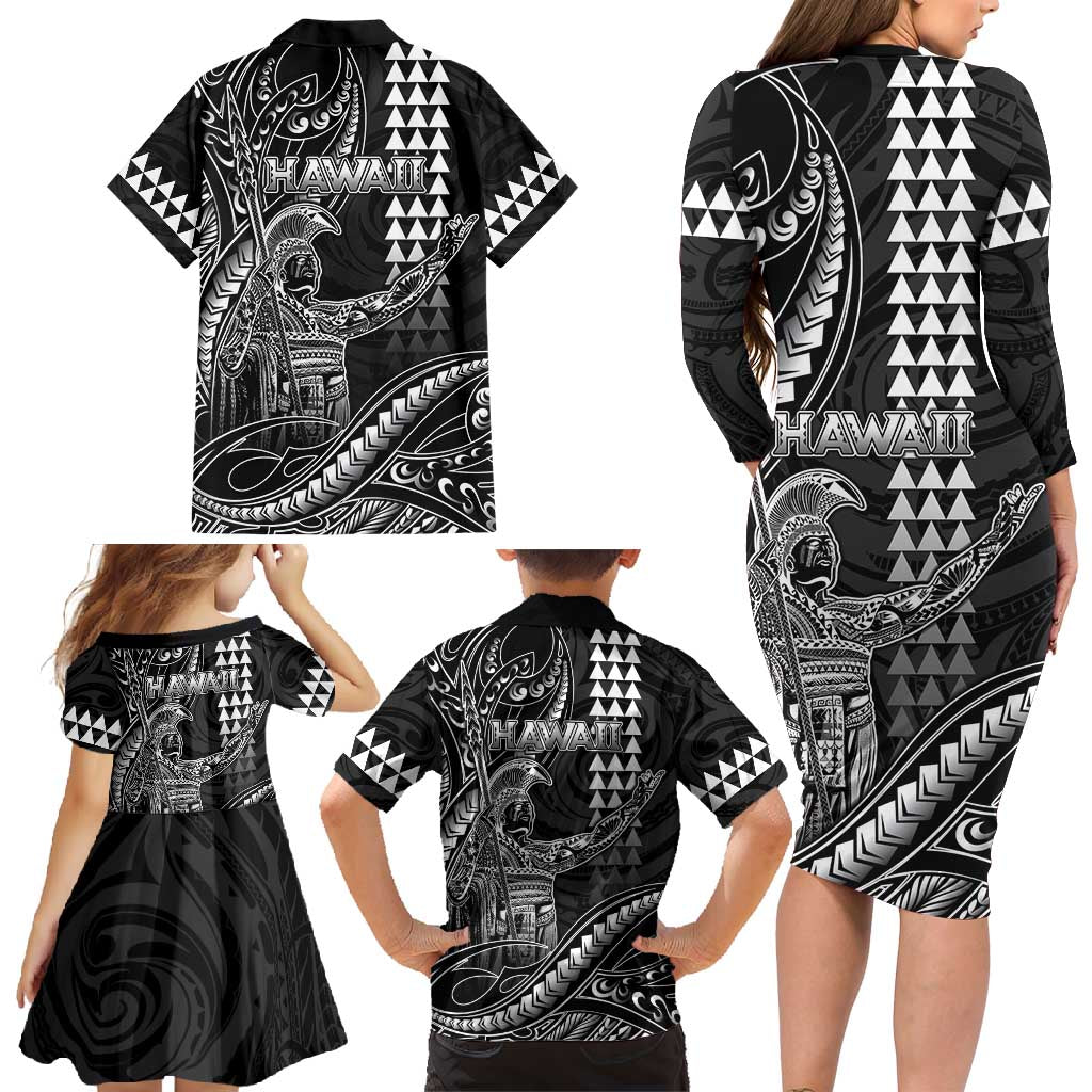 Hawaii King Kamehameha The Great Family Matching Long Sleeve Bodycon Dress and Hawaiian Shirt Black Tribal Tattoo