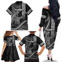Hawaii King Kamehameha The Great Family Matching Off The Shoulder Long Sleeve Dress and Hawaiian Shirt Black Tribal Tattoo