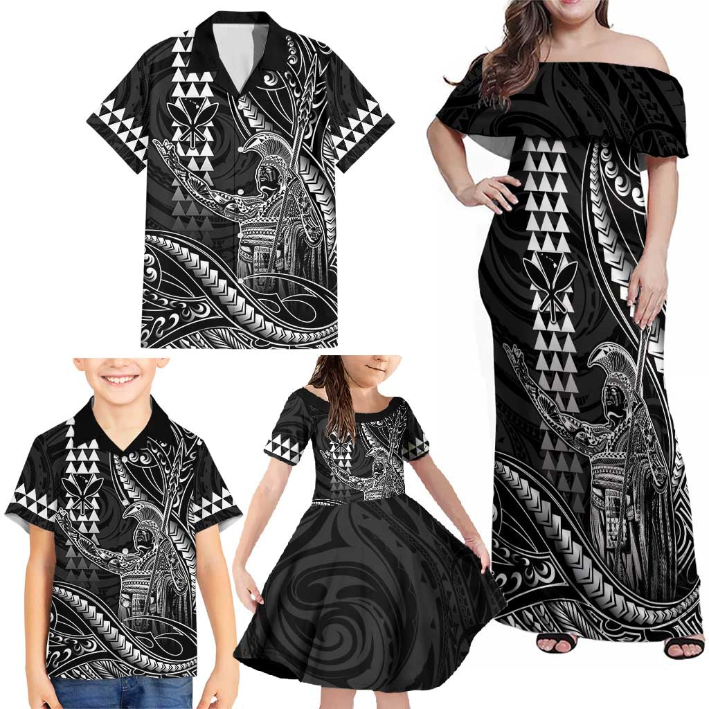 Hawaii King Kamehameha The Great Family Matching Off Shoulder Maxi Dress and Hawaiian Shirt Black Tribal Tattoo