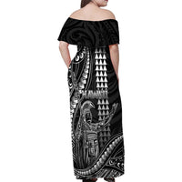 Hawaii King Kamehameha The Great Family Matching Off Shoulder Maxi Dress and Hawaiian Shirt Black Tribal Tattoo