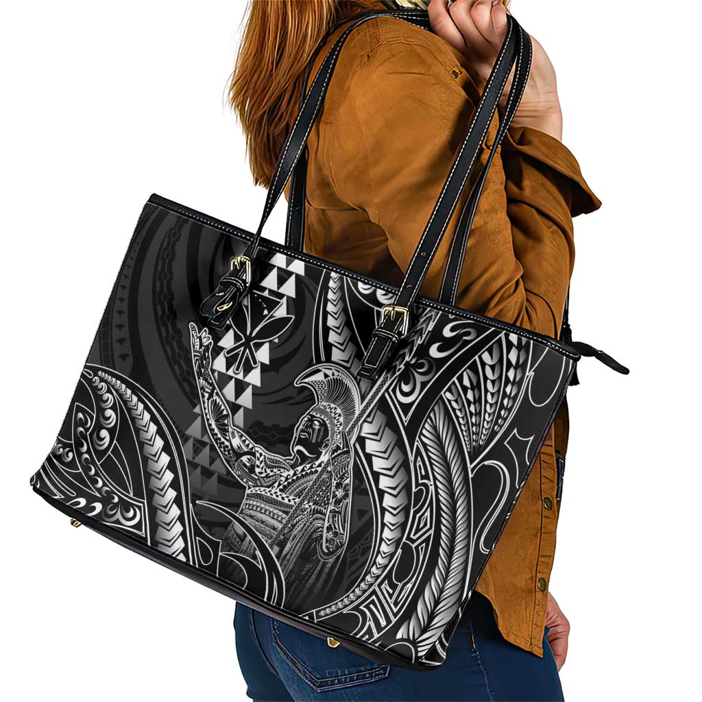 Hawaii King Kamehameha The Great Leather Tote Bag Black Tribal Tattoo