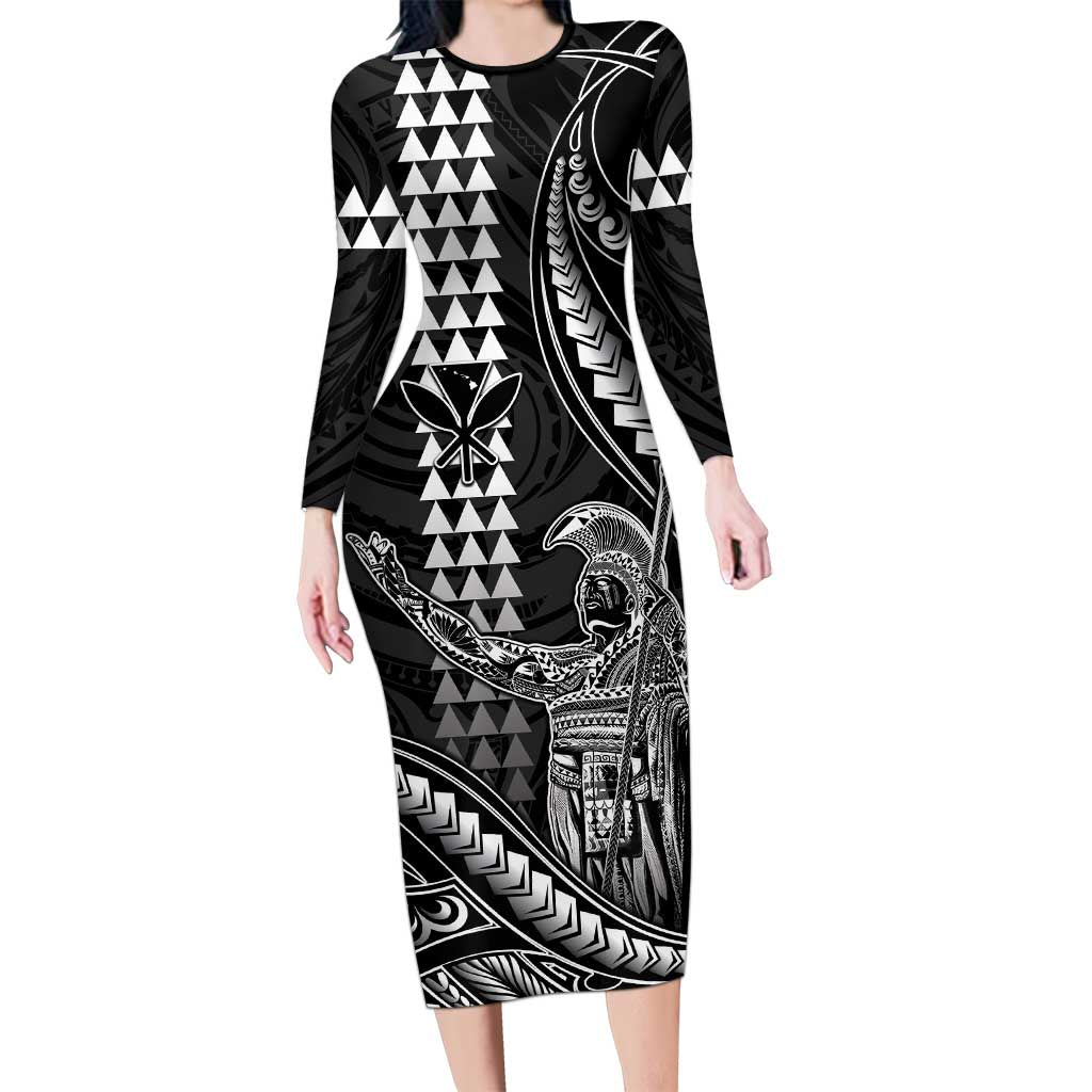Hawaii King Kamehameha The Great Long Sleeve Bodycon Dress Black Tribal Tattoo