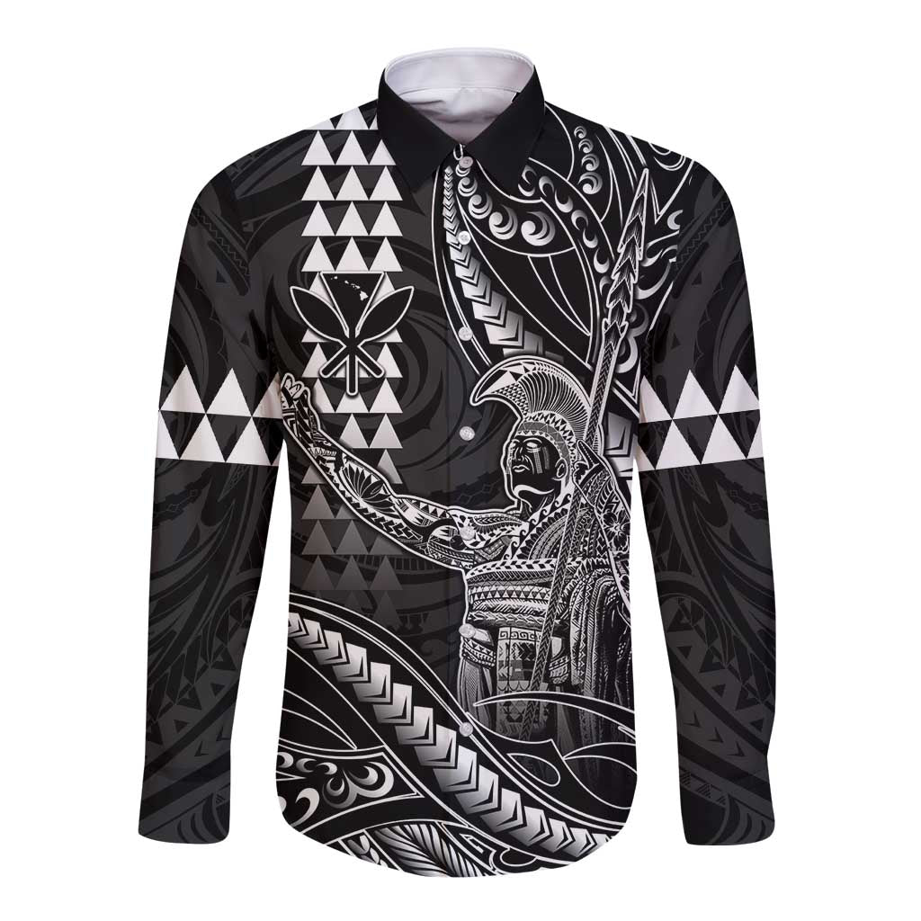 Hawaii King Kamehameha The Great Long Sleeve Button Shirt Black Tribal Tattoo