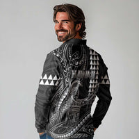 Hawaii King Kamehameha The Great Long Sleeve Polo Shirt Black Tribal Tattoo