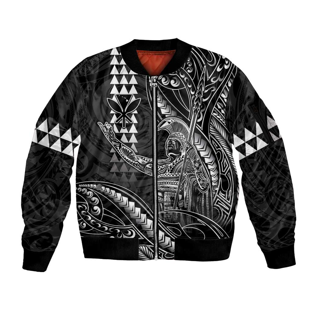 Hawaii King Kamehameha The Great Sleeve Zip Bomber Jacket Black Tribal Tattoo